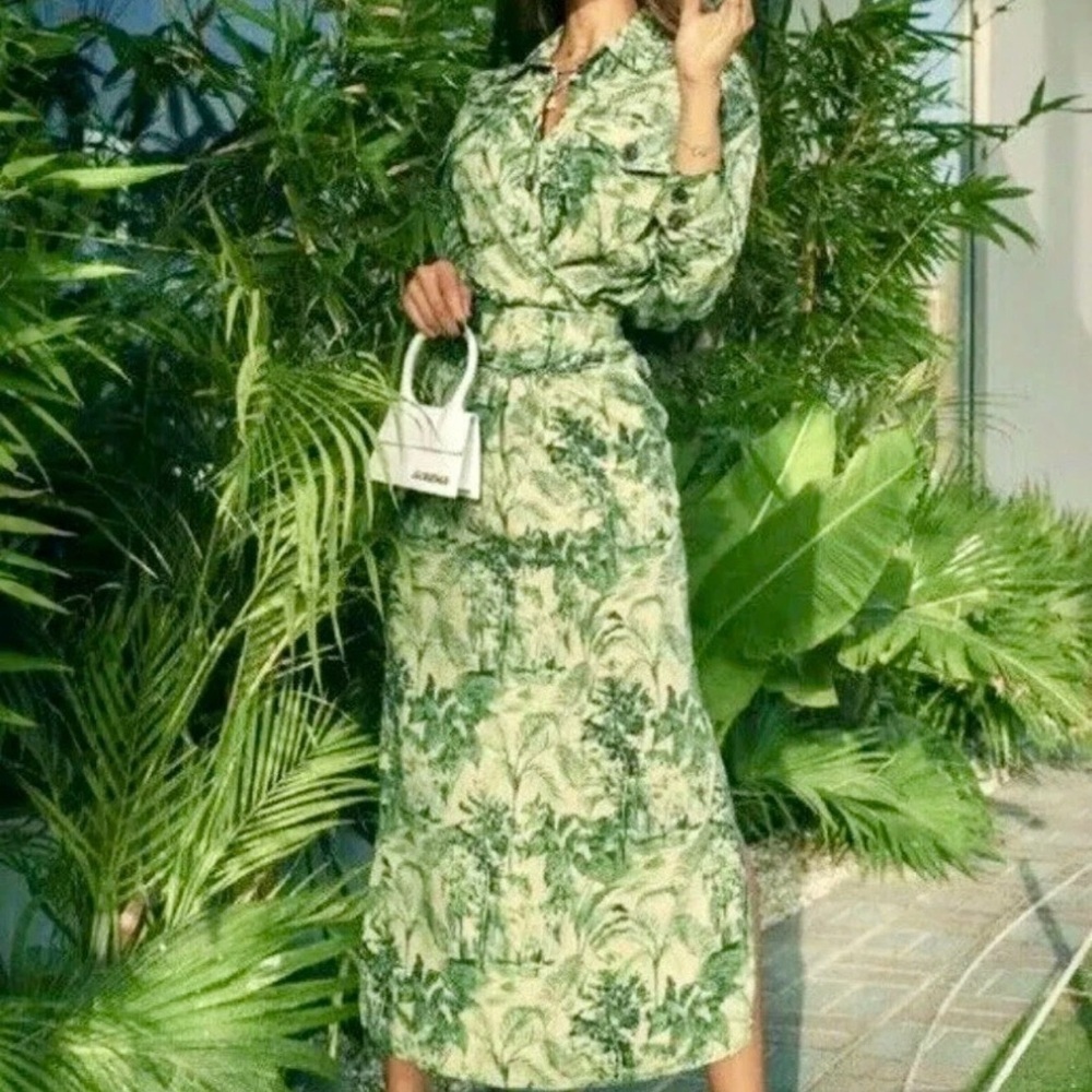 ZARA WRAP Style Green Forest Print PAREO Linen Blend Maxi DRESS SideSlit Women M